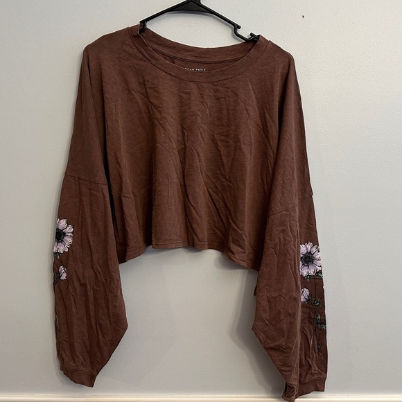 American Eagle Outfitters Tops - American Eagle Outfitters Brown Crop Blouse with Long Sleeves